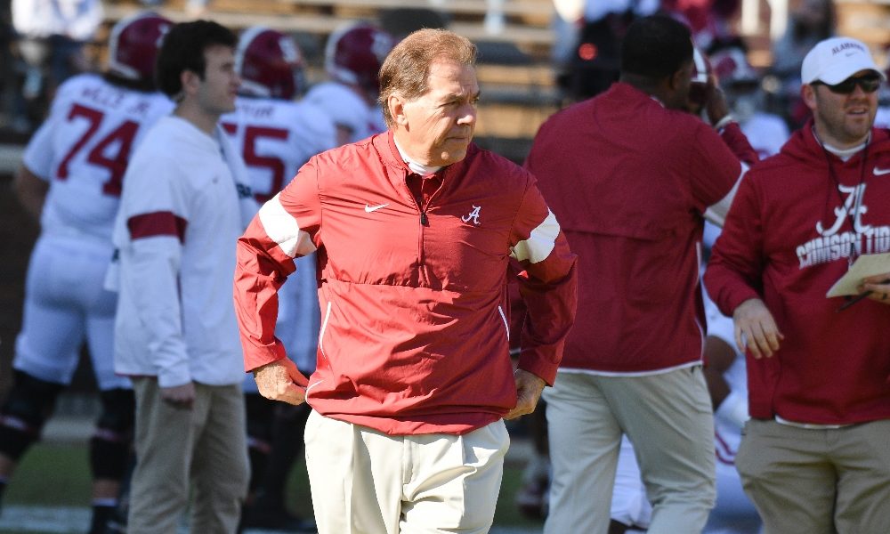 Nick Saban walks the sidelines during Alabama vs Mississippi State