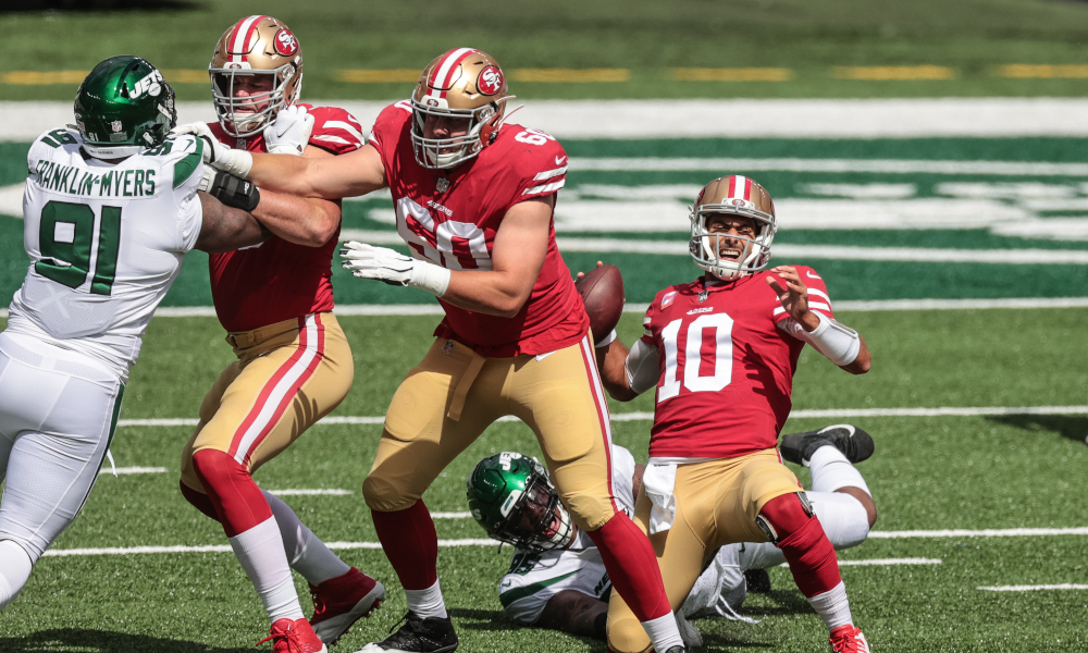 Quinnen Williams of the Jets sacks Jimmy Garoppolo of the 49ers on Sunday