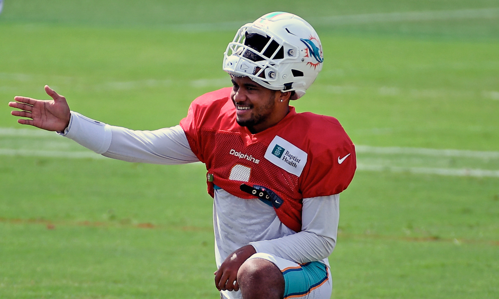 Tua Tagovailoa stretching at 2020 Dolphins' training camp