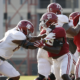 Jah-Marien Latham (No. 93) doing drills for Alabama in 2020 practice