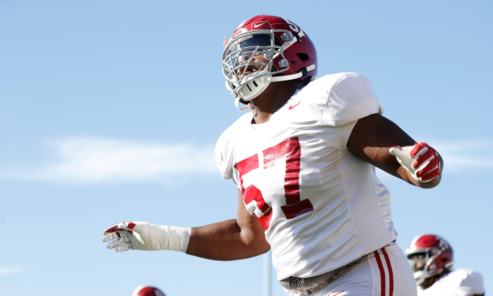 Javion Cohen during practice in 2020 for Alabama