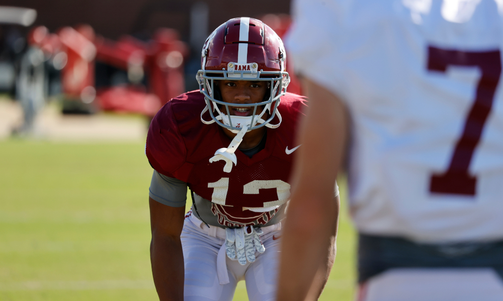 Malachi Moore in his stance at practice for Alabama