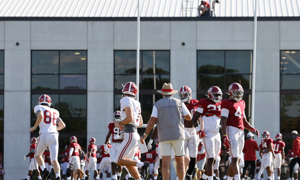 Nick Saban in practice with his players for Alabama on Wednesday