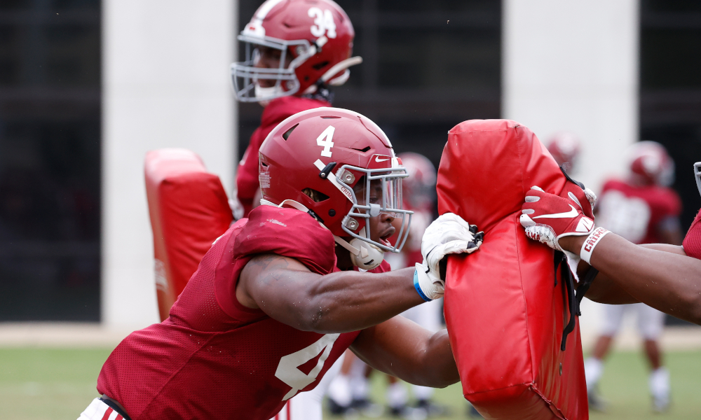 Christopher Allen working drills at OLB in practice for Alabama