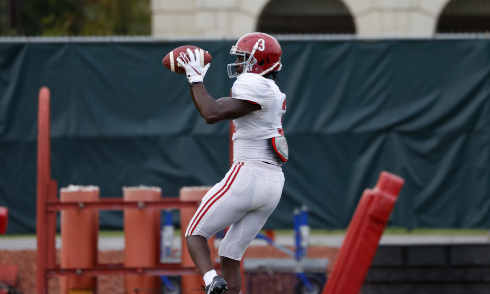 Xavier Williams with a catch in practice for Alabama in 2020