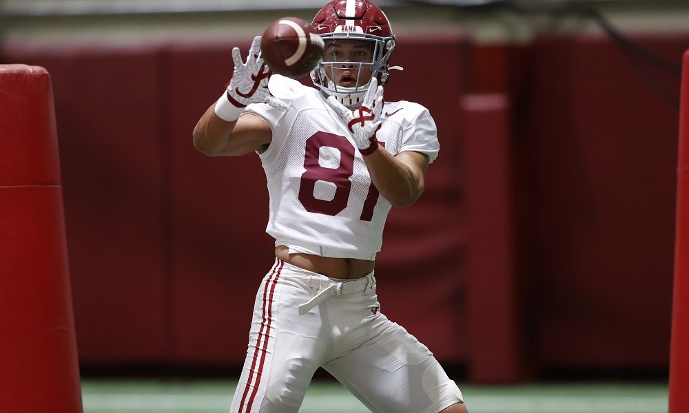 Alabama tight end Cam Latu (#81) with a catch in 2020 practice