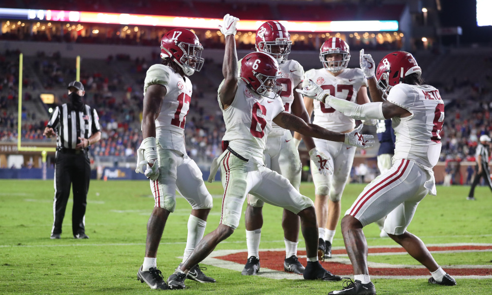 DeVonta Smith and John Metchie celebrate Smith's TD versus Ole Miss