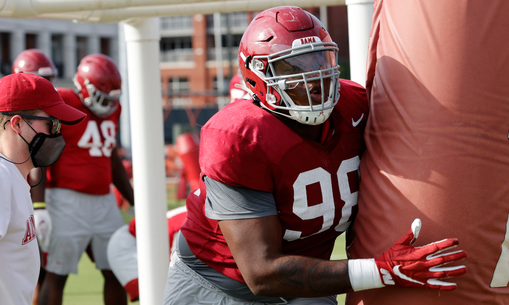 Jamil Burroughs working at fall practice for Alabama
