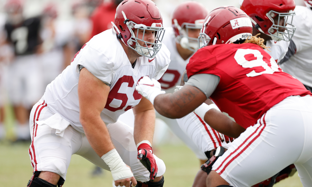 Landon Dickerson working against DJ Dale at Alabama practice