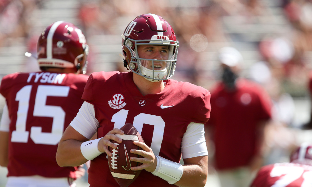 Mac Jones in pregame warmups for Alabama versus Texas A&M