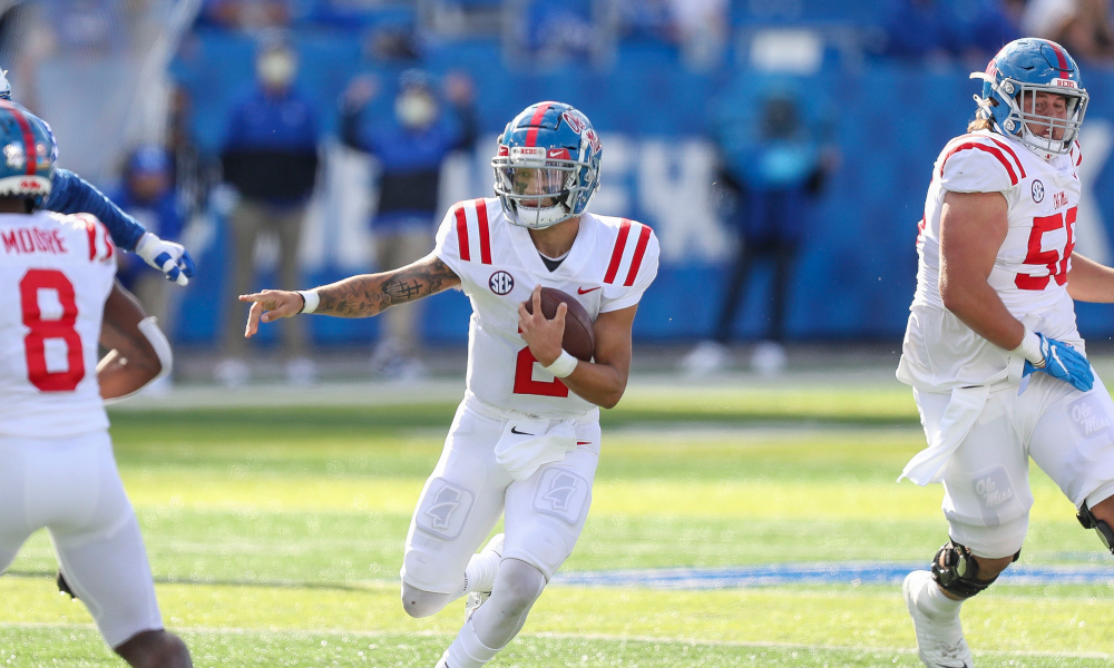 Matt Corral of Ole Miss runs the ball versus Kentucky