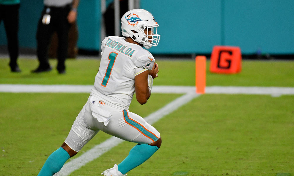 Tua Tagovailoa drops back to pass for Miami Dolphins in NFL debut