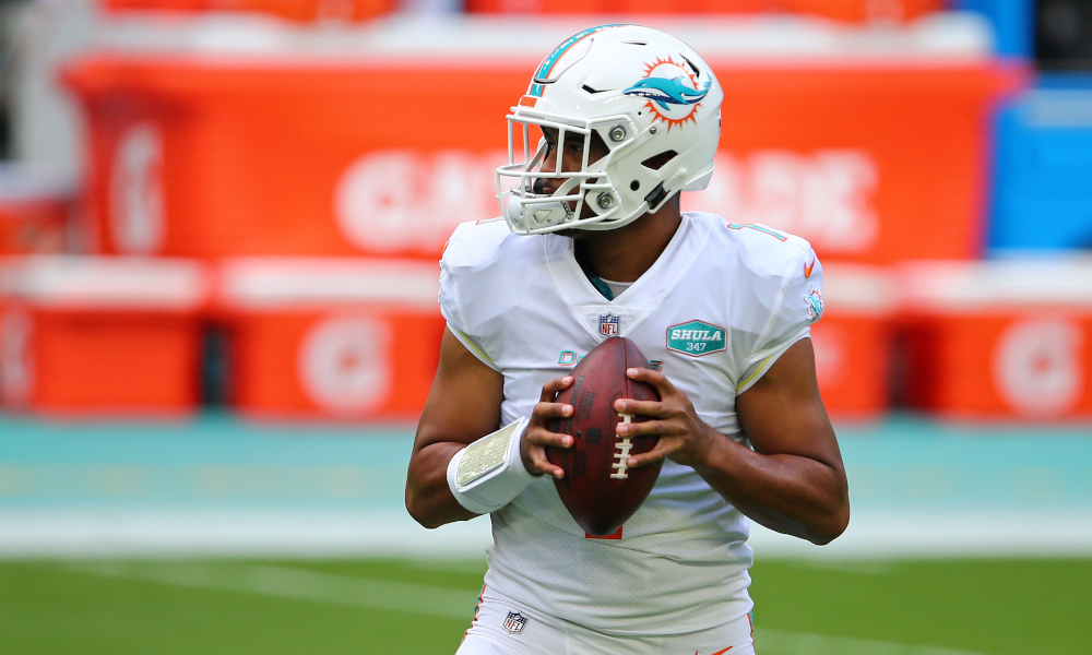 Tua Tagovailoa in warmups before Miami Dolphins played Buffalo Bills