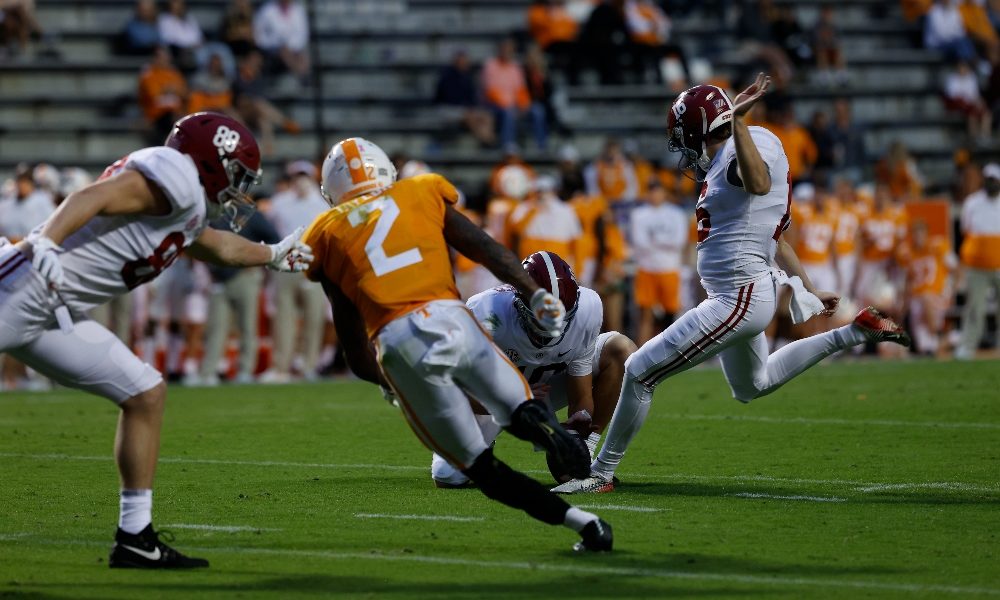 Will Reichard kicks a field goal against Tennessee