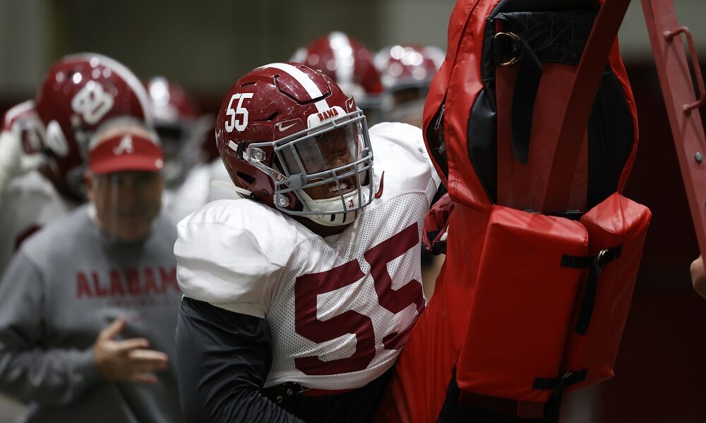 Emil Ekiyor working the sled during 2020 practice for Alabama