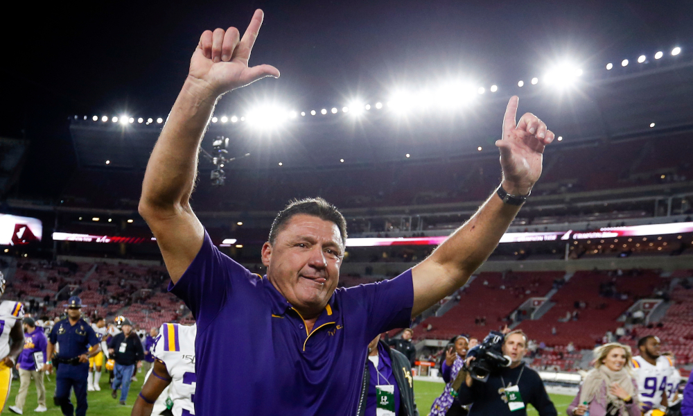 Ed Orgeron of LSU celebrates win over Alabama in 2019