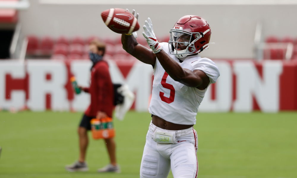 Javon Baker with a catch at Alabama fall camp