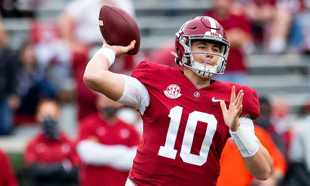 Mac Jones throws a pass in Iron Bowl versus Auburn