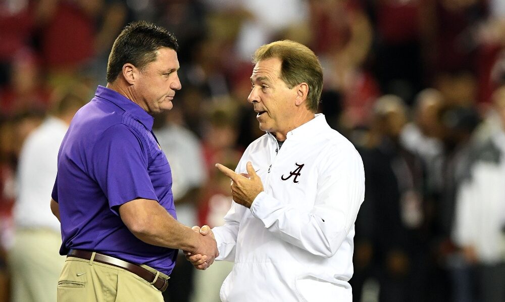 Nick Saban and Ed Orgeron talk before the Alabama LSU game