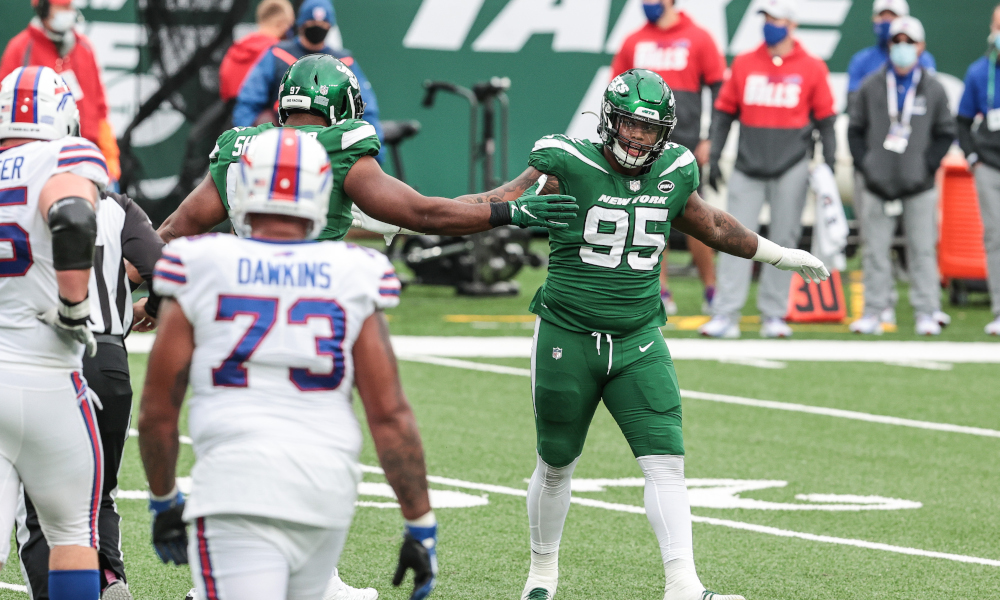 Quinnen Williams (No. 95) celebrates defensive stop for Jets against Bills