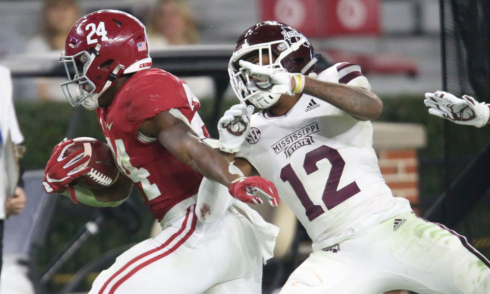 Trey Sanders runs by Miss. State defender up the sideline