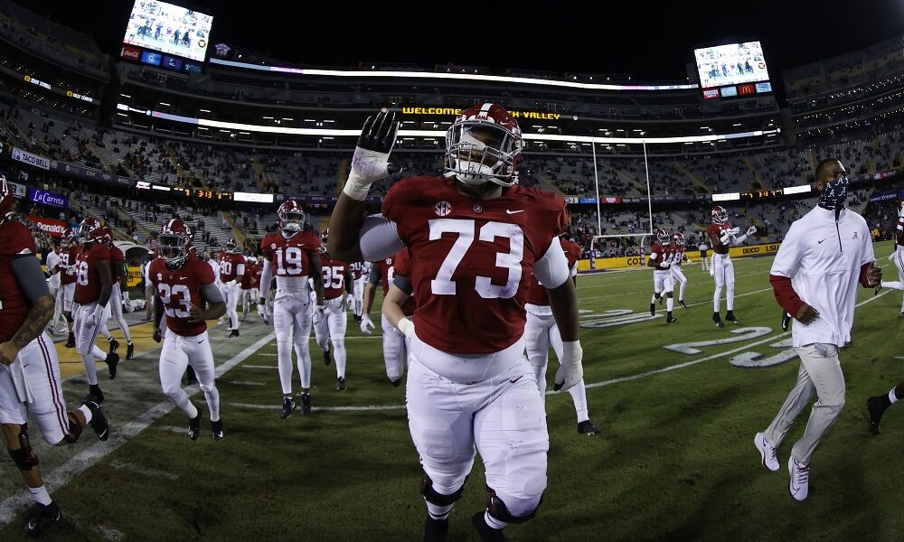 Alabama OT Evan Neal on the field in 2020 before LSU game