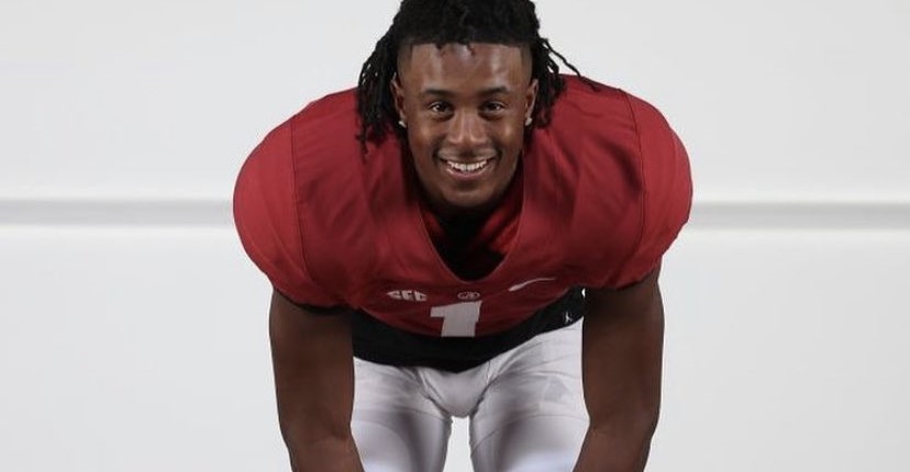 Alabama signee Ga'Quincy McKinstry poses for picture in cornerback stance during Alabama visit