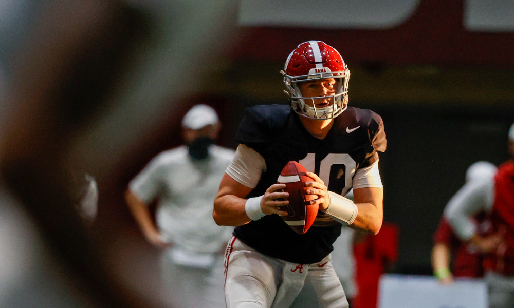 Mac Jones at practice for CFP semifinal in getting ready for Notre Dame