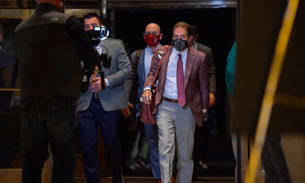 Nick Saban of Alabama arriving in Arlington, Texas for 2021 Rose Bowl