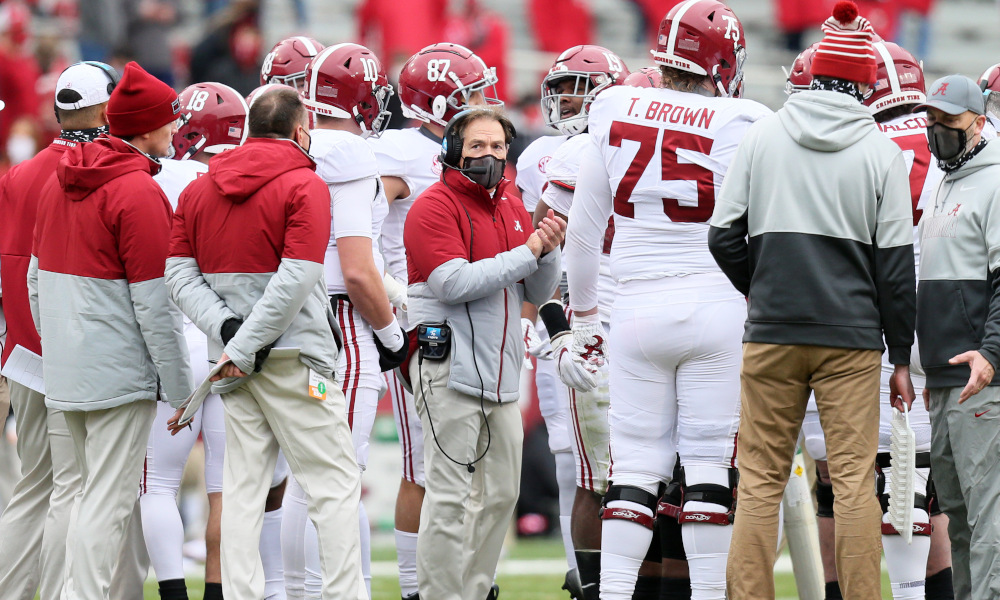 Nick Saban on the sidelines for Alabama versus Arkansas