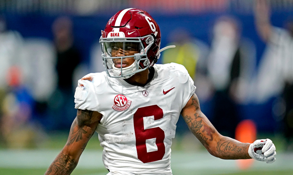 DeVonta Smith reacts after scoring a TD for Alabama vas. Florida in 2020 SEC Championship