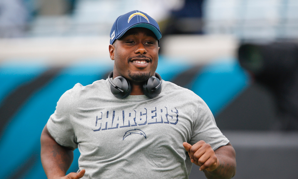 Damion Square with the LA Chargers in 2019 in warmups