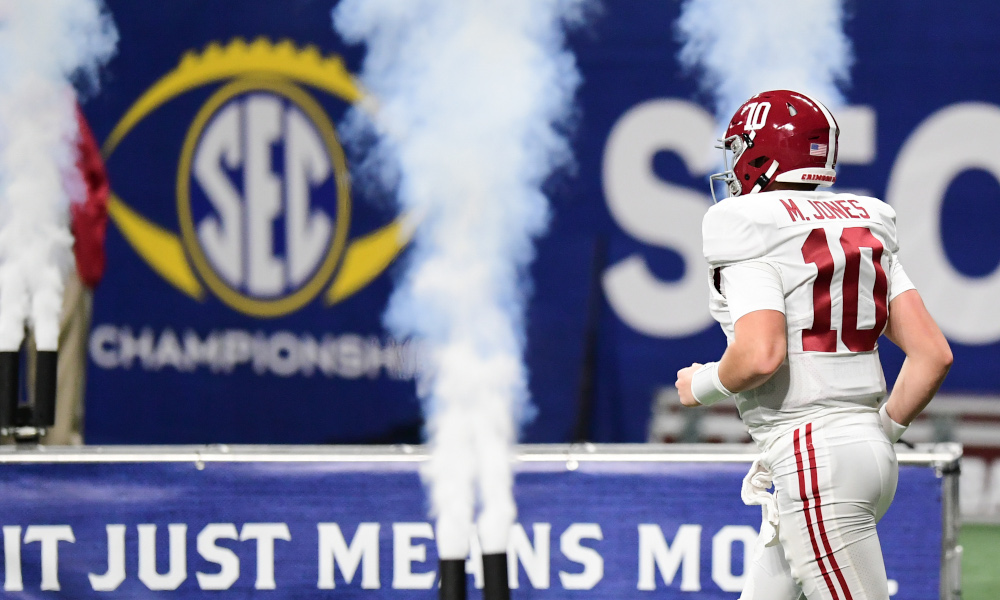 Mac Jones comes out of tunnel for Alabama at SEC Championship Game