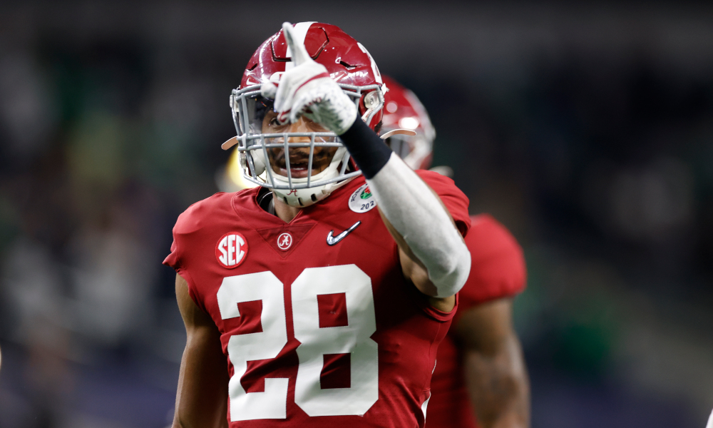 Josh Jobe of Alabama celebrates a play in Rose Bowl versus Notre Dame