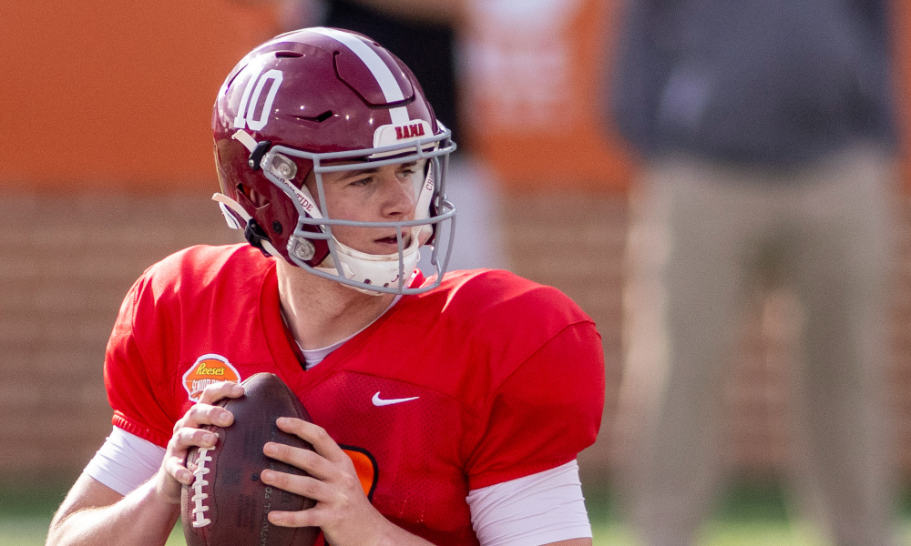 Mac Jones going through options before attempting a pass at Senior Bowl practice