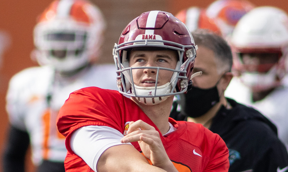 Mac Jones throws a pass for American team at Senior Bowl practice