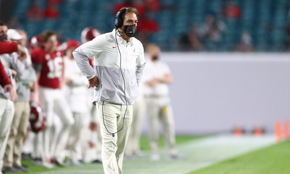 Nick Saban watches a play from the sidelines of the national championship