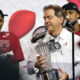 Nick Saban holds Rose Bowl trophy after Alabama defeated Notre Dame