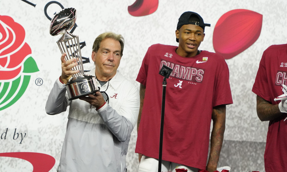 Nick Saban holds Rose Bowl Trophy after Alabama defeated Notre Dame