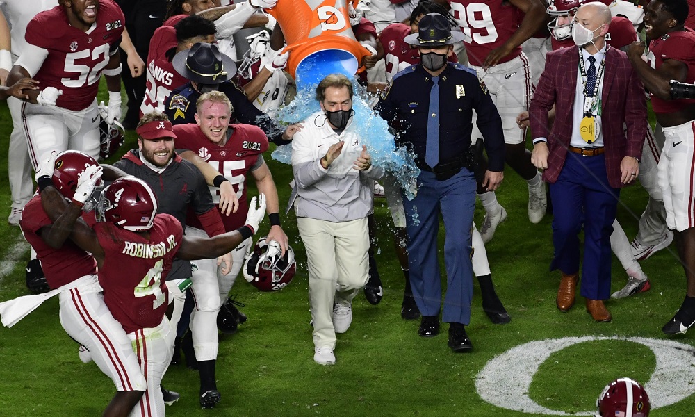 Alabama players dump Gatorade on Nick Saban after winning CFP National Championship game