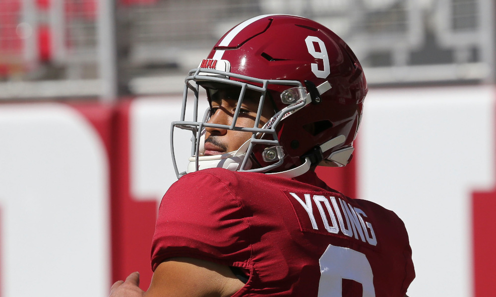Bryce Young in warmups before 2020 game against Texas A&M