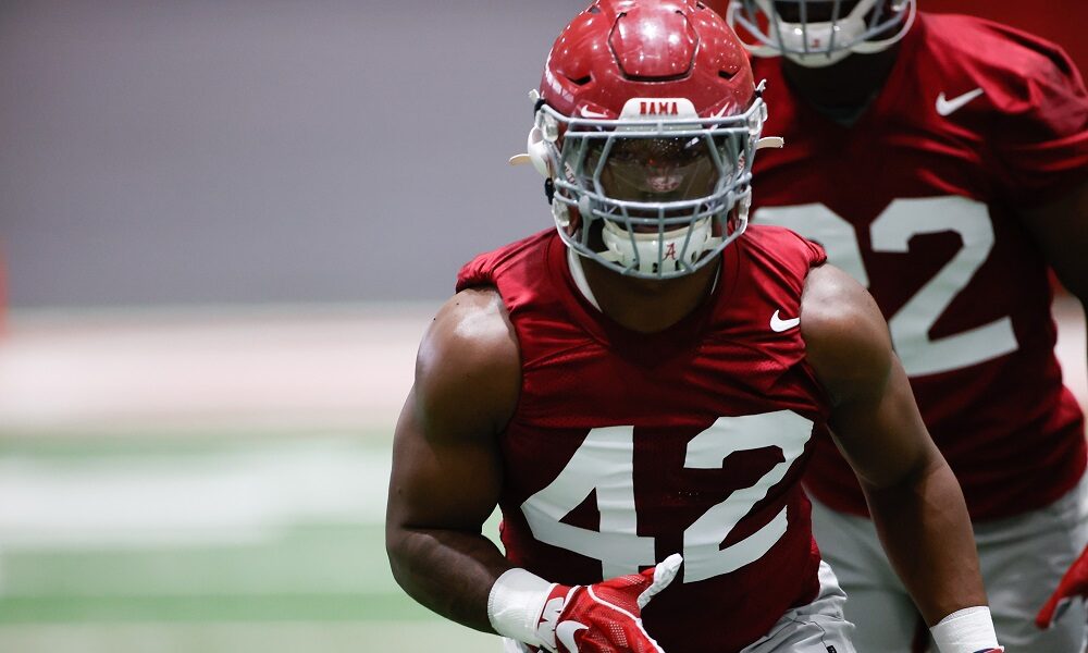 Jaylen Moody (#42) going through spring practice drills at Alabama