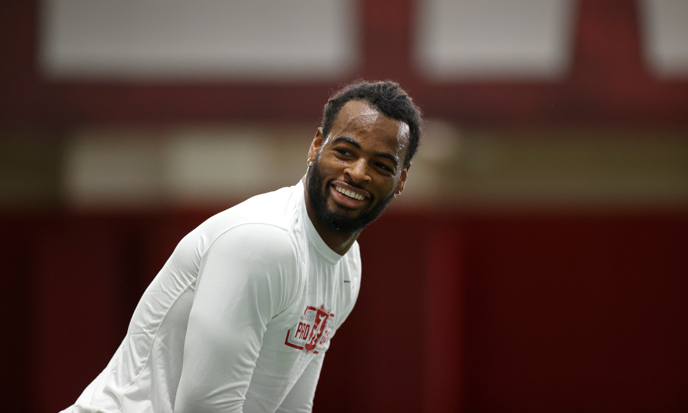 Najee Harris smiling at Alabama Pro Day