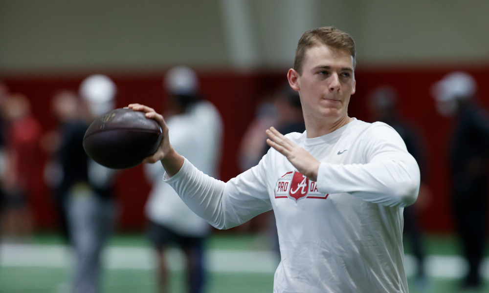Mac Jones attempting to throw at Alabama's Pro Day