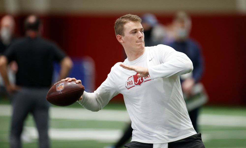 Mac Jones attempting to throw at Alabama's pro day