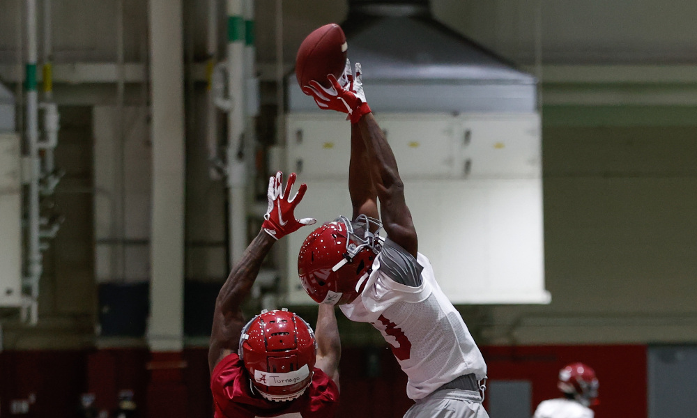 Xavier Williams (No. 3) with a catch in spring practice for Alabama