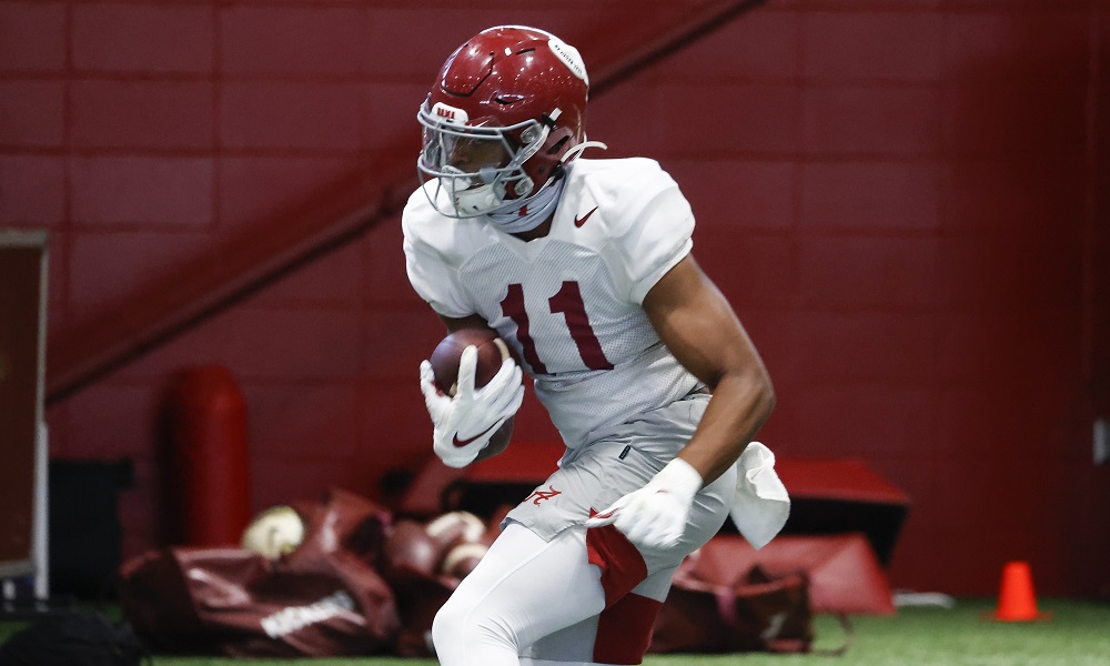 Traeshon Holden with a catch in spring practice for Alabama