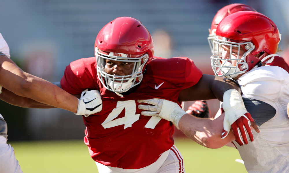 Byron Young fighting through a double team at Alabama's first scrimmage