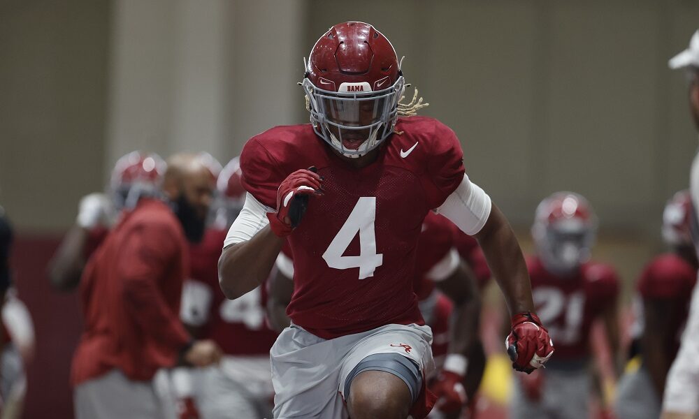 Christopher Allen going through OLB drills at Alabama spring practice