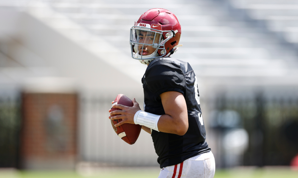 Bryce Young holding the ball in Alabama's second scrimmage